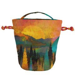 Trees Mountains Sun Sunrise Warm Red Yellow Drawstring Bucket Bag by danenraven