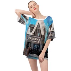 Winter Village Snow Brick Buildings Oversized Chiffon Top by artworkshop