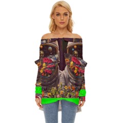 Astronaut Universe Planting Flowers Cosmos Jpg Off Shoulder Chiffon Pocket Shirt by Pakemis