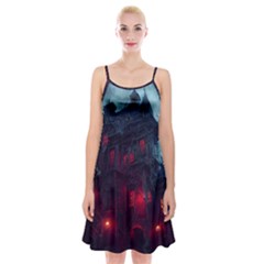 Haunted House Halloween Cemetery Moonlight Spaghetti Strap Velvet Dress by Pakemis