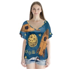 Missile Pattern V-neck Flutter Sleeve Top by Pakemis
