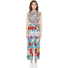 Graffit Characters Seamless Pattern Art Women s Frill Top Chiffon Jumpsuit by Pakemis