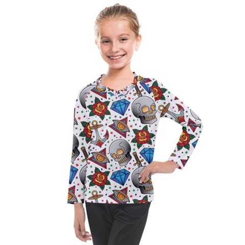 Full Color Flash Tattoo Patterns Kids  Long Mesh Tee by Pakemis