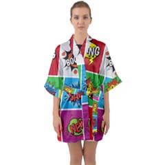 Pop Art Comic Vector Speech Cartoon Bubbles Popart Style With Humor Text Boom Bang Bubbling Expressi Half Sleeve Satin Kimono  by Pakemis