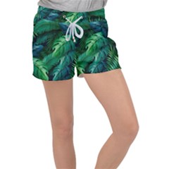Tropical Green Leaves Background Velour Lounge Shorts by Pakemis