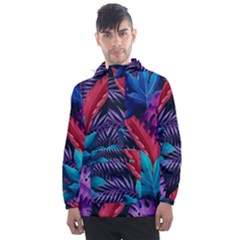 Background With Violet Blue Tropical Leaves Men s Front Pocket Pullover Windbreaker by Pakemis