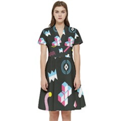 Memphis Design Seamless Pattern Short Sleeve Waist Detail Dress by Pakemis