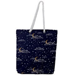 Hand Drawn Scratch Style Night Sky With Moon Cloud Space Among Stars Seamless Pattern Vector Design Full Print Rope Handle Tote (large) by Pakemis