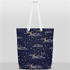 Hand Drawn Scratch Style Night Sky With Moon Cloud Space Among Stars Seamless Pattern Vector Design Full Print Rope Handle Tote (small) by Pakemis