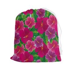 Background-cute-flowers-fuchsia-with-leaves Drawstring Pouch (2xl) by Pakemis