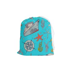 Colored-sketched-sea-elements-pattern-background-sea-life-animals-illustration Drawstring Pouch (medium) by Pakemis