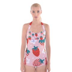 Strawberry-seamless-pattern Boyleg Halter Swimsuit  by Pakemis