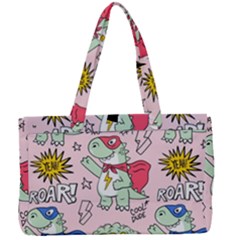 Seamless-pattern-with-many-funny-cute-superhero-dinosaurs-t-rex-mask-cloak-with-comics-style-inscrip Canvas Work Bag by Pakemis