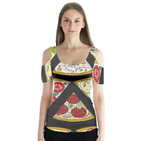 Vector-seamless-pattern-with-italian-pizza-top-view Butterfly Sleeve Cutout Tee  by Pakemis