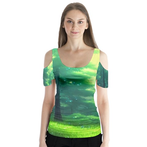 Anime Forrest Nature Fantasy Sunset Trees Woods Butterfly Sleeve Cutout Tee  by Uceng