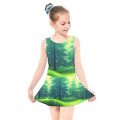 Anime Forrest Nature Fantasy Sunset Trees Woods Kids  Skater Dress Swimsuit by Uceng
