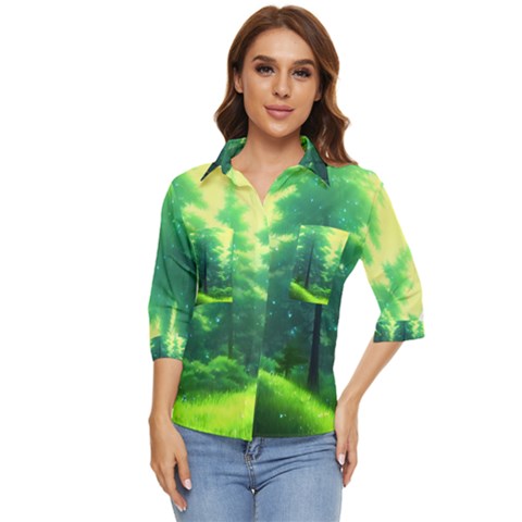 Anime Forrest Nature Fantasy Sunset Trees Woods Women s Quarter Sleeve Pocket Shirt by Uceng