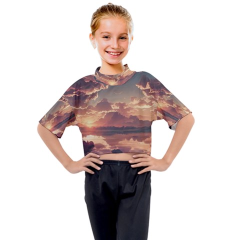 Sunset River Sky Clouds Nature Nostalgic Mountain Kids Mock Neck Tee by Uceng