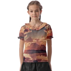 Sunset River Sky Clouds Nature Nostalgic Mountain Kids  Frill Chiffon Blouse by Uceng