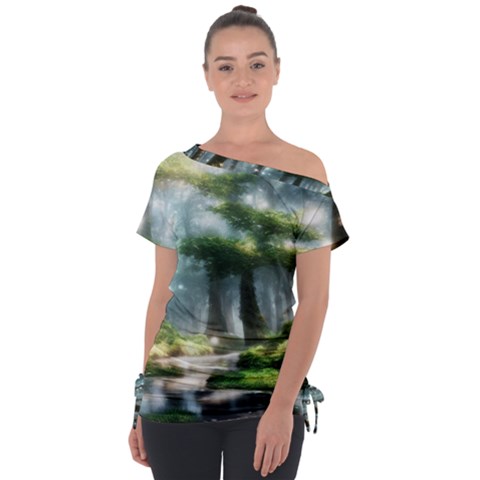 Forest Wood Nature Lake Swamp Water Trees Off Shoulder Tie-up Tee by Uceng