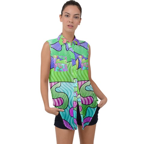 Colorful Stylish Design Sleeveless Chiffon Button Shirt by gasi