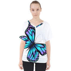 Blue And Pink Butterfly Illustration, Monarch Butterfly Cartoon Blue, Cartoon Blue Butterfly Free Pn V-neck Dolman Drape Top by asedoi