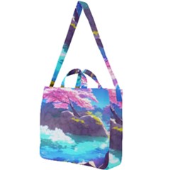 Fantasy Japan Mountains Cherry Blossoms Nature Square Shoulder Tote Bag by Uceng