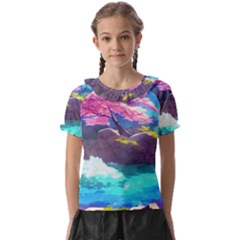 Fantasy Japan Mountains Cherry Blossoms Nature Kids  Frill Chiffon Blouse by Uceng