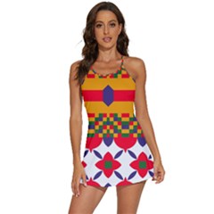 Red Flowers And Colorful Squares                                                         2-in-1 Flare Activity Dress by LalyLauraFLM