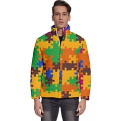 Retro Colors Puzzle Pieces                                                               Men s Puffer Bubble Jacket Coat by LalyLauraFLM