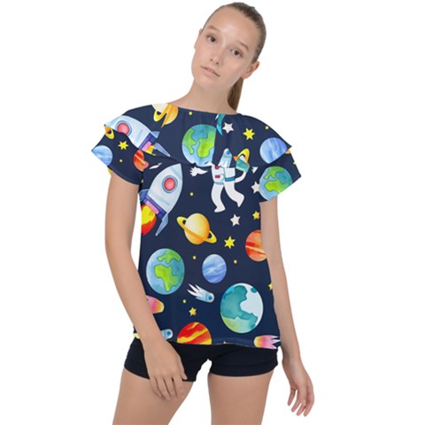 Space Galaxy Seamless Background Ruffle Collar Chiffon Blouse by Jancukart