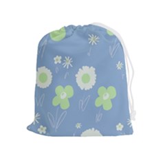 Daisy Flowers Pastel Green White Blue  Drawstring Pouch (xl) by Mazipoodles