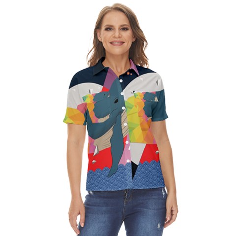 Whale Moon Ocean Digital Art Women s Short Sleeve Double Pocket Shirt by Jancukart