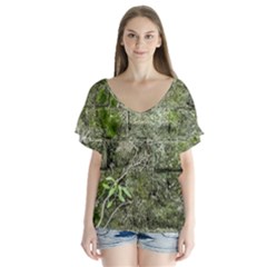 Old Stone Exterior Wall With Moss V-neck Flutter Sleeve Top by dflcprintsclothing