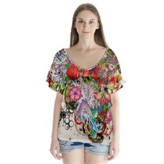 Romantic Cotton Pattern Wallpaper Texture Design Art V-neck Flutter Sleeve Top by Jancukart