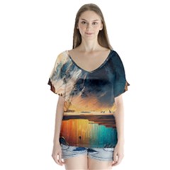Abstract Color Colorful Mountain Ocean Sea V-neck Flutter Sleeve Top by Pakemis