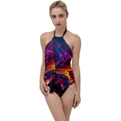 Ocean Sea Wave Clouds Mountain Colorful Sky Art Go With The Flow One Piece Swimsuit by Pakemis