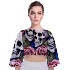 Skulls And Flowers Tie Back Butterfly Sleeve Chiffon Top by GardenOfOphir
