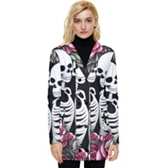 Black And White Rose Sugar Skull Button Up Hooded Coat  by GardenOfOphir