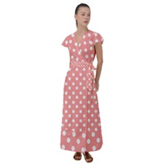 Coral And White Polka Dots Flutter Sleeve Maxi Dress by GardenOfOphir