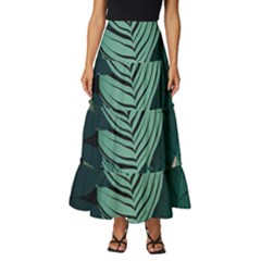 Green Nature Bohemian Painting Leaves Foliage Tiered Ruffle Maxi Skirt by Ravend