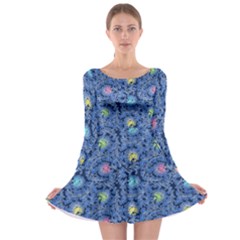 Floral Asia Seamless Pattern Blue Long Sleeve Skater Dress by Pakemis