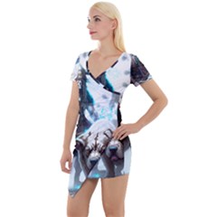 Ai Generated Viking God Fantasy Dog Norse Man Short Sleeve Asymmetric Mini Dress by danenraven
