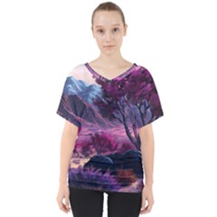 Landscape Landscape Painting Purple Purple Trees V-neck Dolman Drape Top by danenraven