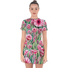 Cute Watercolor Flowers And Foliage Drop Hem Mini Chiffon Dress by GardenOfOphir