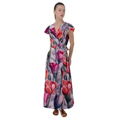 Color-infused Watercolor Flowers Flutter Sleeve Maxi Dress by GardenOfOphir
