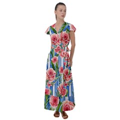 Chic Watercolor Flowers Flutter Sleeve Maxi Dress by GardenOfOphir