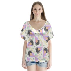 Pattern Pastel Drawing Art V-neck Flutter Sleeve Top by Ravend