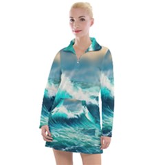 Ai Generated Waves Ocean Sea Tsunami Nautical Painting Women s Long Sleeve Casual Dress by Ravend