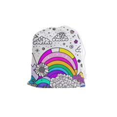 Rainbow Fun Cute Minimal Doodle Drawing Art Drawstring Pouch (medium) by Ravend